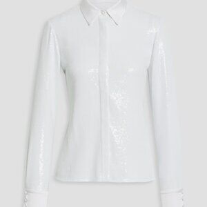 ALICE + OLIVIA Willa satin-trimmed sequined woven shirt, WHITE, Size  medium